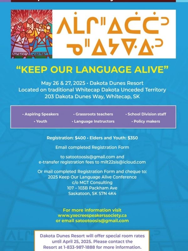 Poster for 'Keep Our Language Alive' conference at Dakota Dunes Resort, May 26-27, 2025
